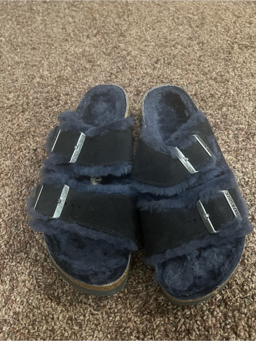 Birkenstock Navy Blue Shearling Arizona Two-Strap Sandals